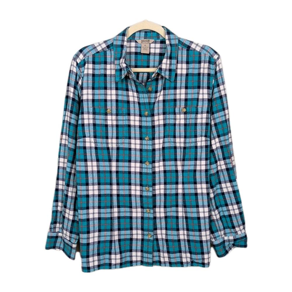 DULUTH TRADING CO Green Plaid Free Swingin Flannel Shirt Button Front Women's XL